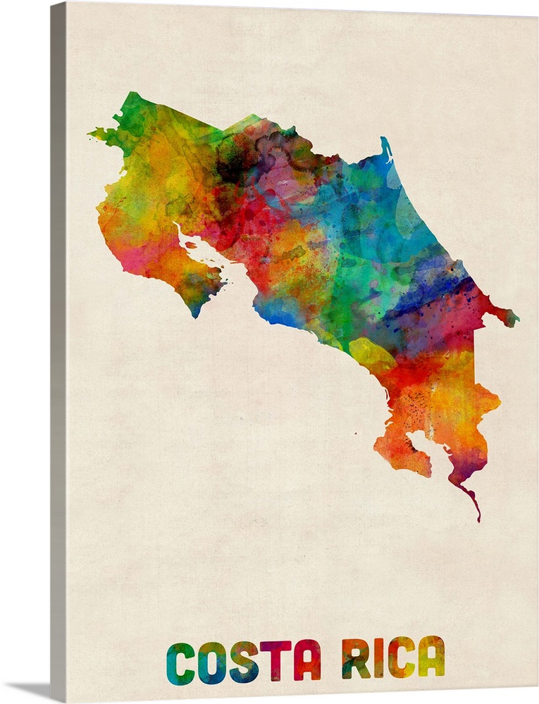 Contemporary piece of artwork of a map of Costa Rica made up of watercolor splashes.