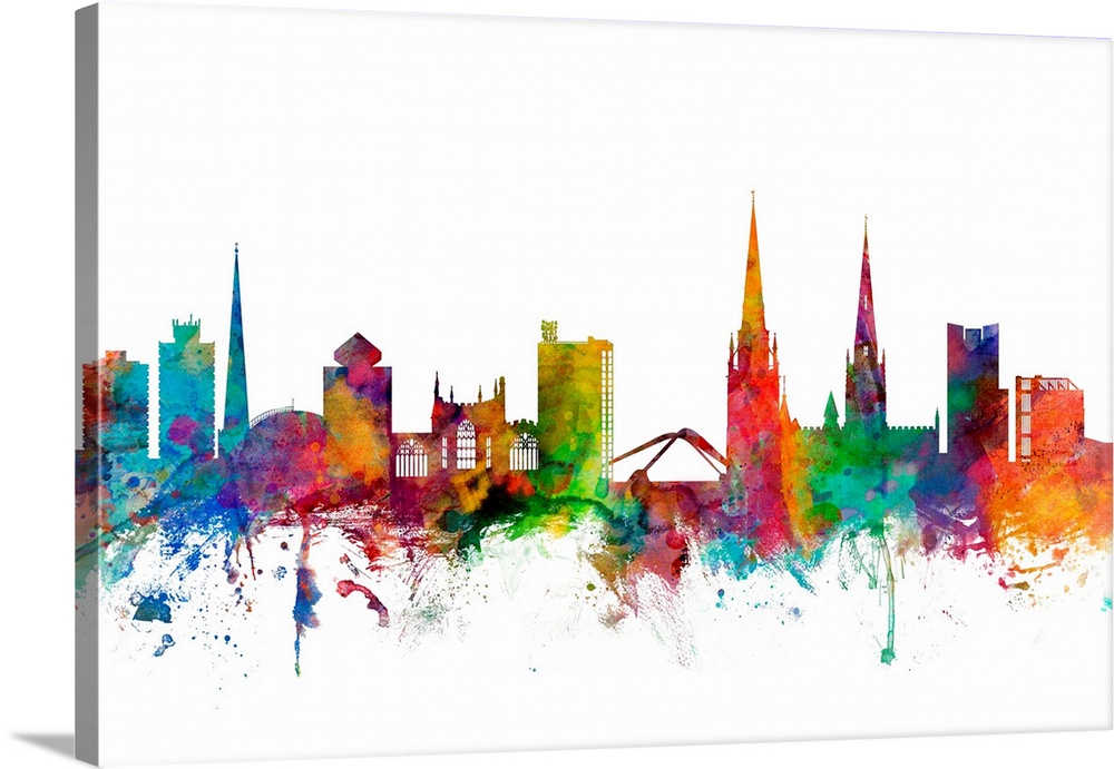 Contemporary piece of artwork of the Coventry, England skyline made of colorful paint splashes.