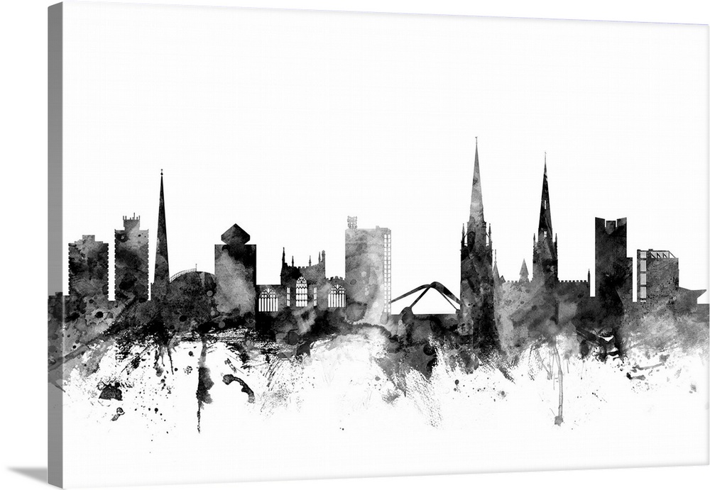 Contemporary artwork of the Coventry city skyline in black watercolor paint splashes.