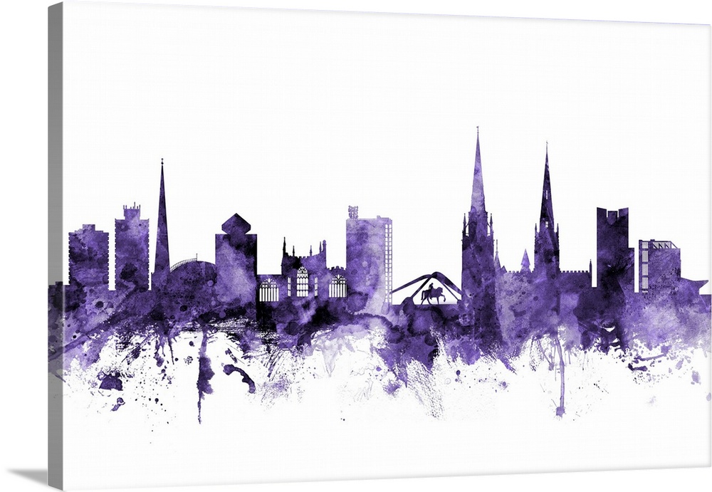 Watercolor art print of the skyline of Coventry, England, United Kingdom