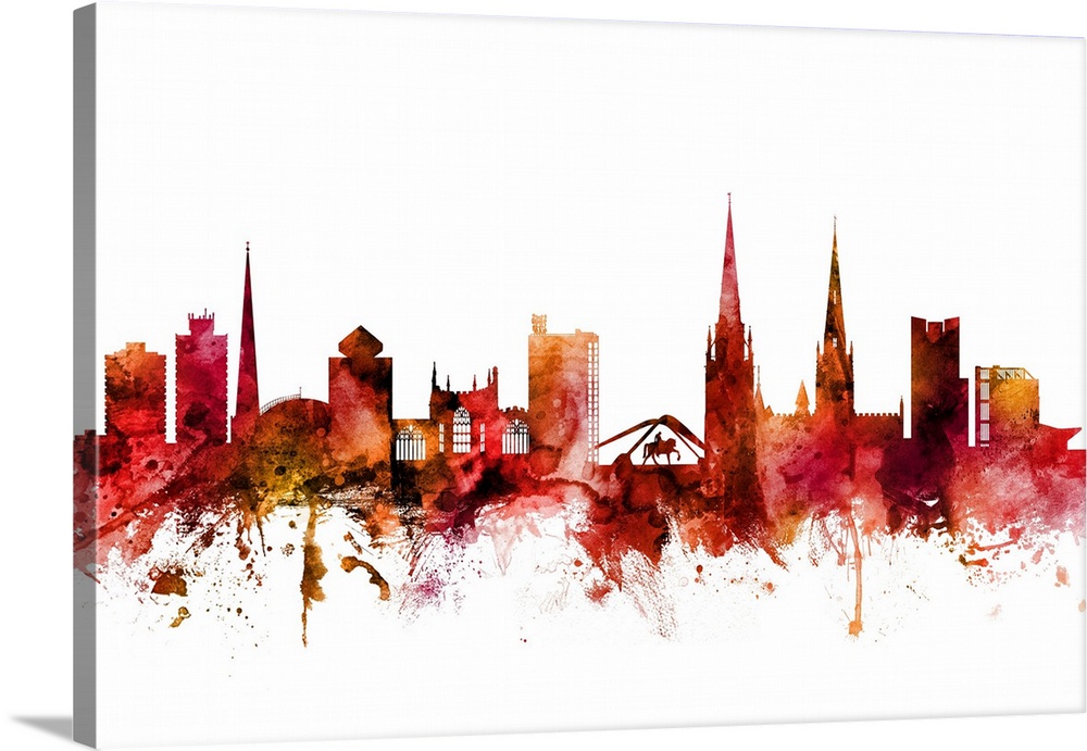 Watercolor art print of the skyline of Coventry, England, United Kingdom.