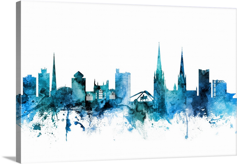 Watercolor art print of the skyline of Coventry, England, United Kingdom.