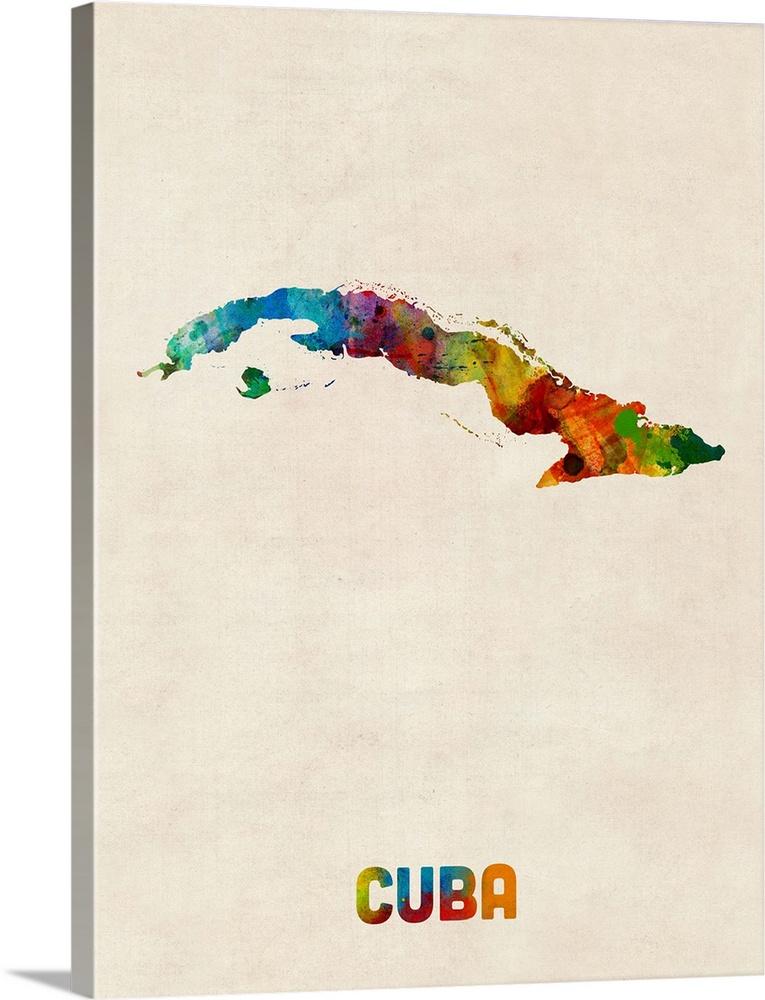 Watercolor art map of the country Cuba against a weathered beige background.