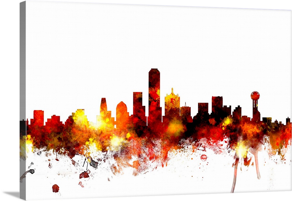 Contemporary piece of artwork of the Dallas skyline made of colorful paint splashes.