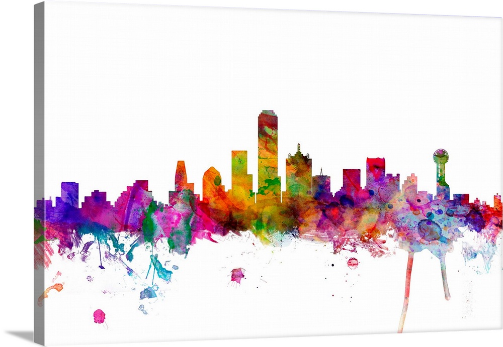 Watercolor artwork of the Dallas skyline against a white background.