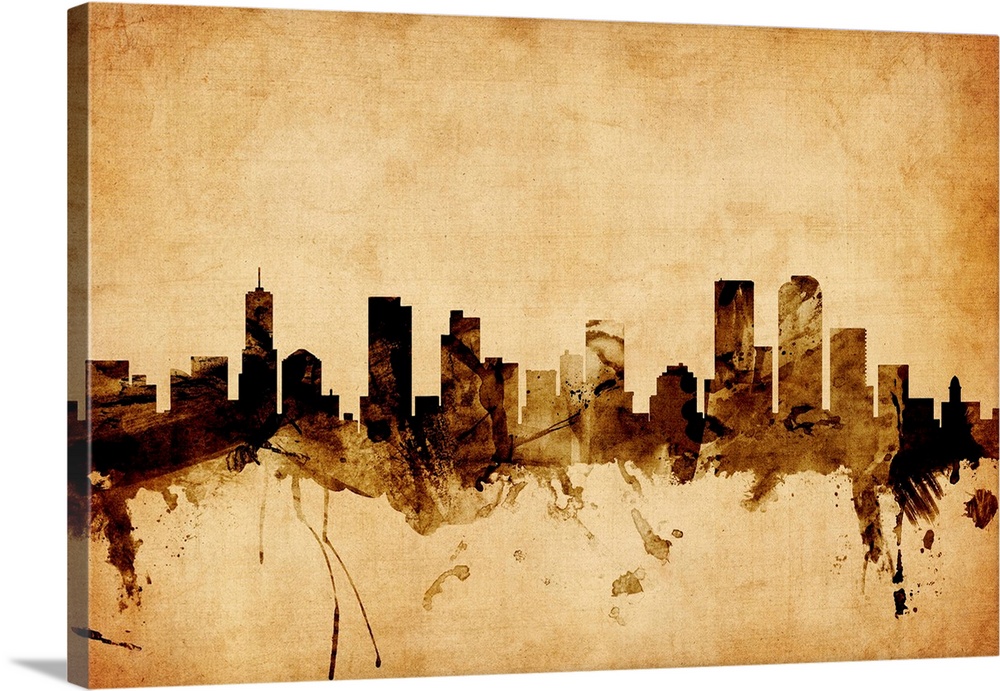 Contemporary artwork of the Denver city skyline in a vintage distressed look.