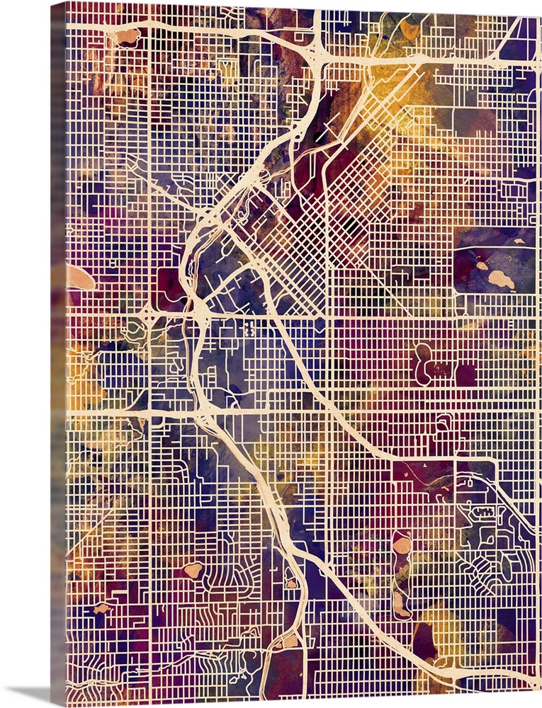 Contemporary watercolor city street map of Denver.