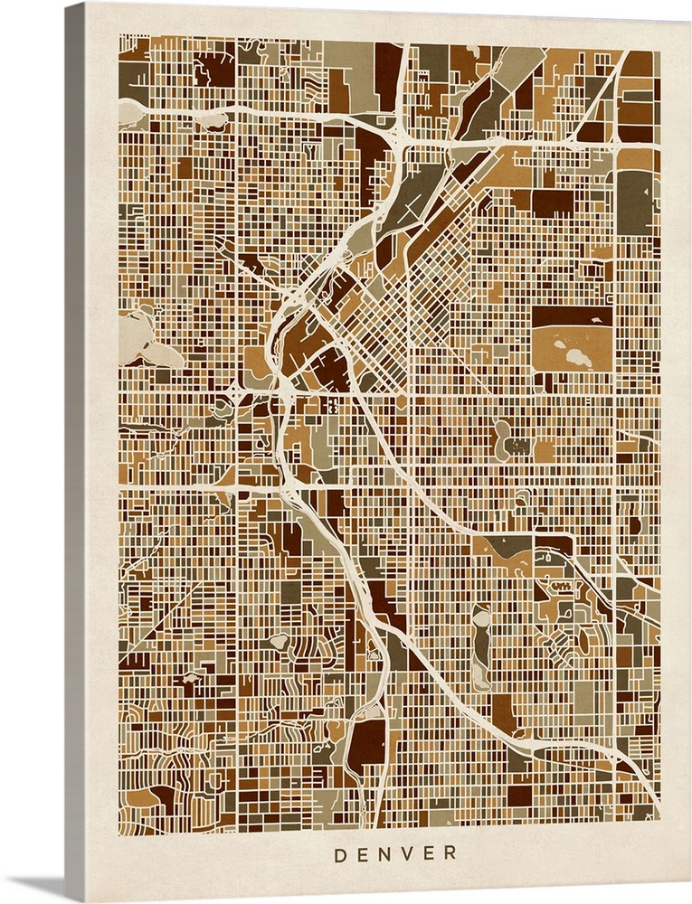 Contemporary artwork of the city street map of Denver.
