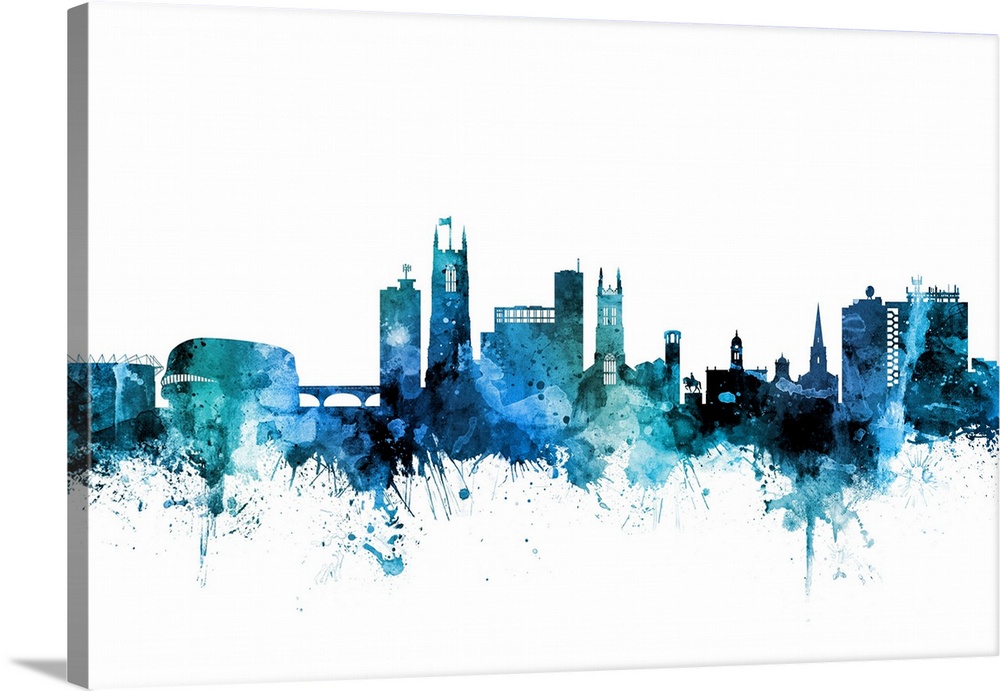 Watercolor art print of the skyline of Derby, England, United Kingdom.