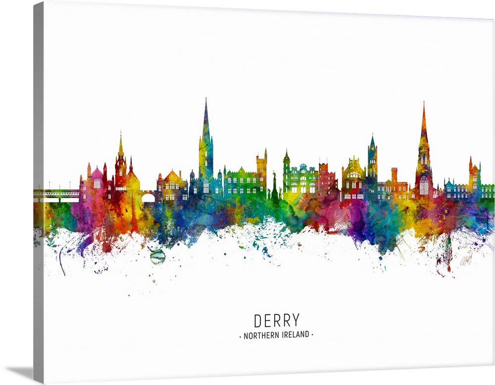 Watercolor art print of the skyline of Derry, Northern Ireland