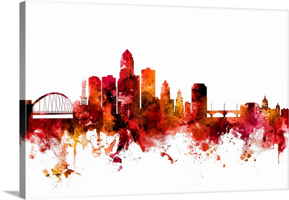 Watercolor art print of the skyline of Des Moines, Iowa, United States.