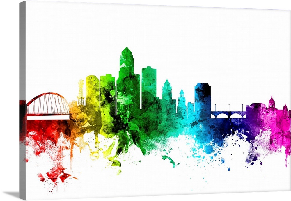 Des Moines Iowa Skyline, Rainbow Wall Art, Canvas Prints, Framed Prints