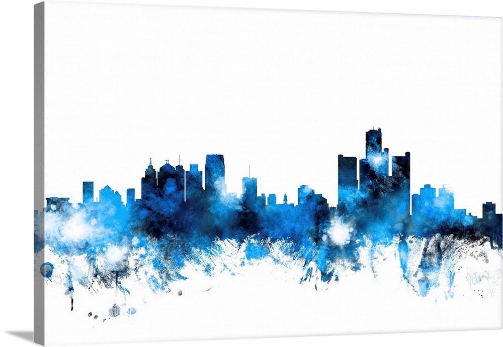 Contemporary piece of artwork of the Detroit skyline made of colorful paint splashes.