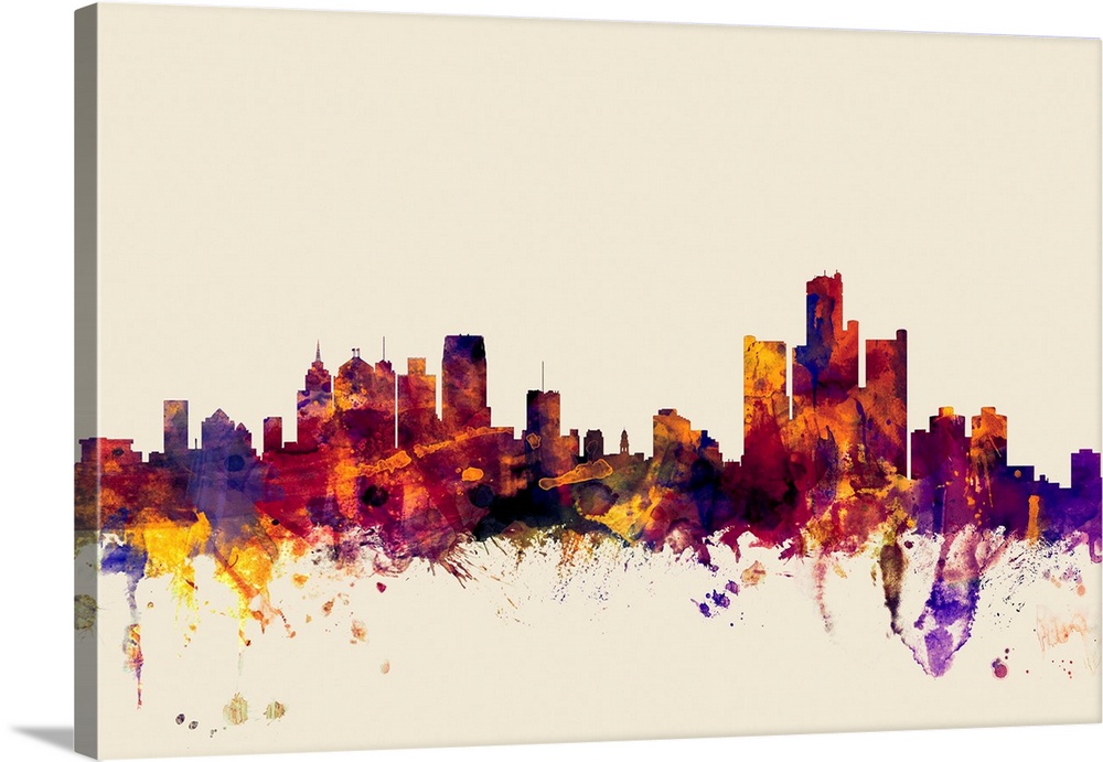 Contemporary artwork of the Detroit city skyline in watercolor paint splashes.