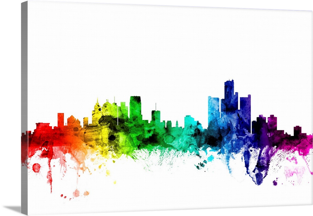 Watercolor art print of the skyline of Detroit, Michigan, United States.