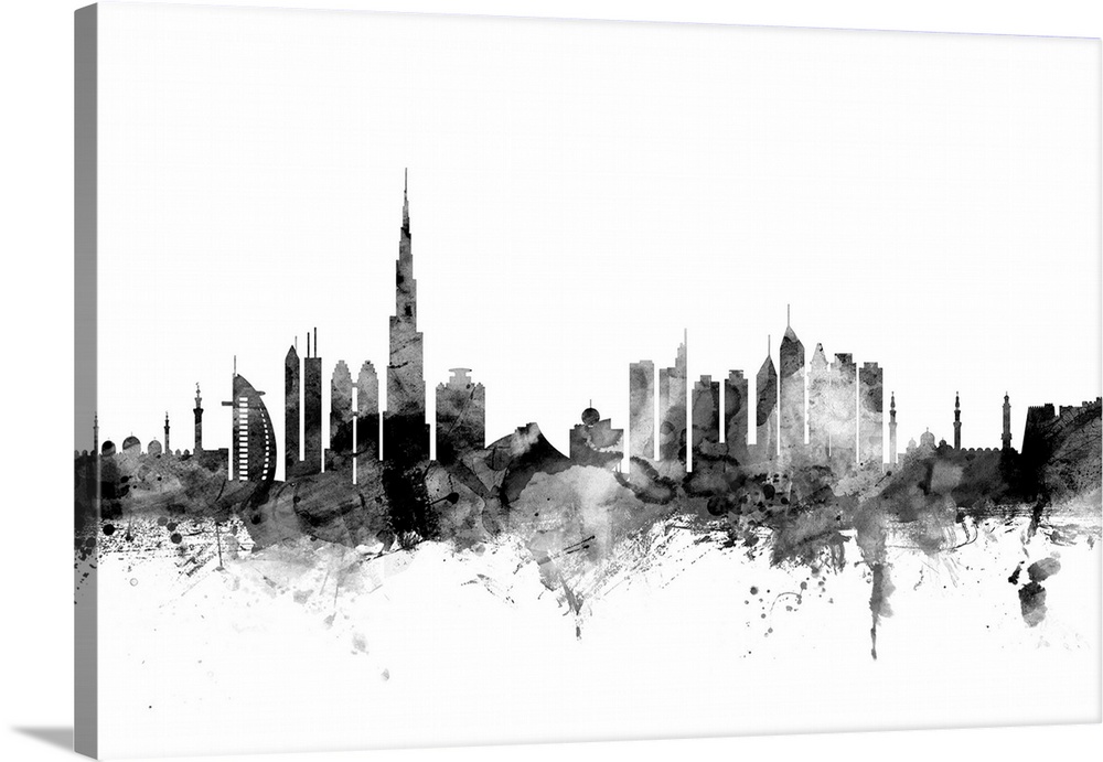 Contemporary artwork of the Dubai city skyline in black watercolor paint splashes.