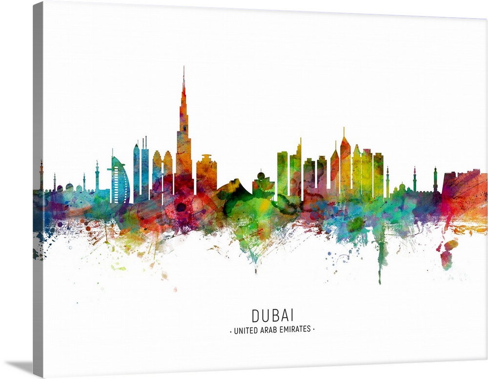 Watercolor art print of the skyline of Dubai, United Arab Emirates.