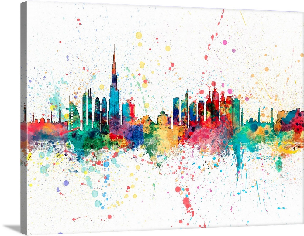 Watercolor art print of the skyline of Dubai, United Arab Emirates.
