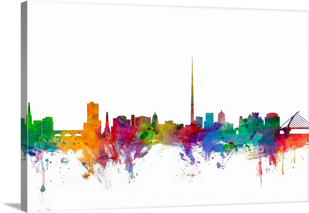 Contemporary piece of artwork of the Dublin skyline made of colorful paint splashes.