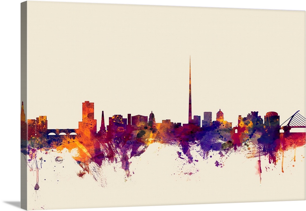Contemporary artwork of the Dublin city skyline in watercolor paint splashes.