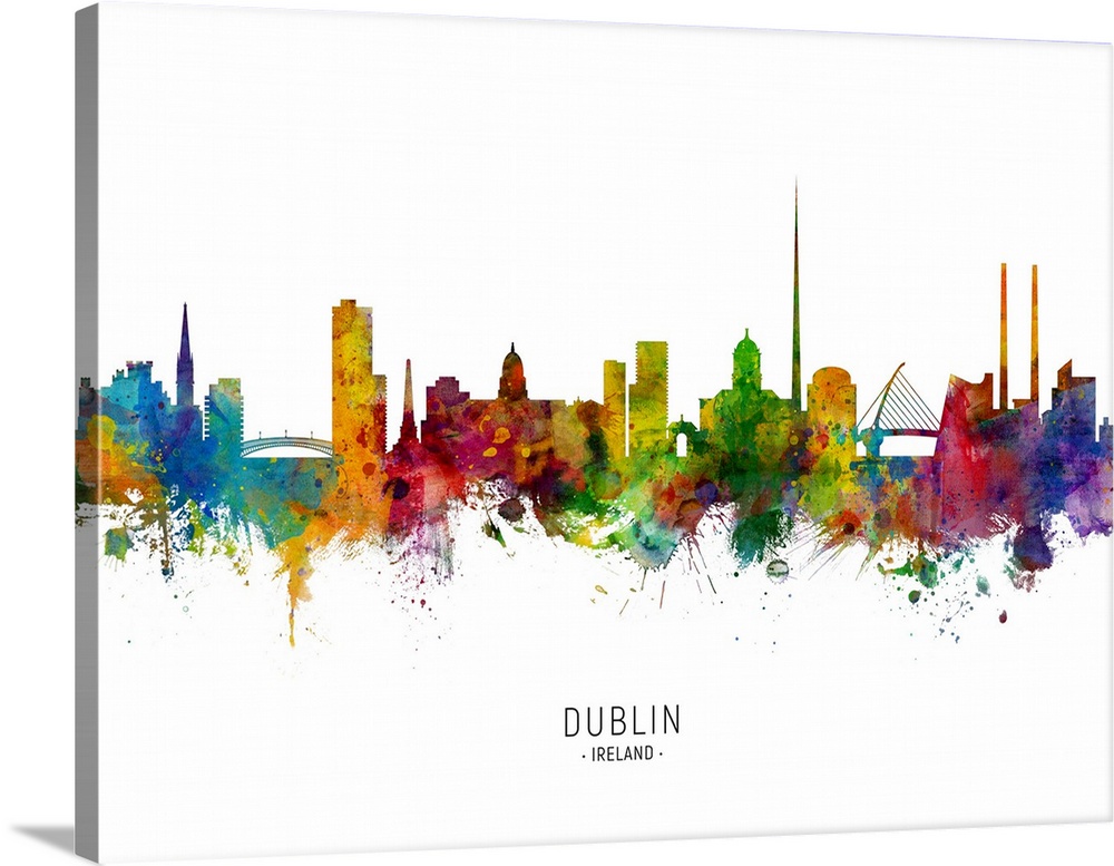 Watercolor art print of the skyline of Dublin, Ireland.