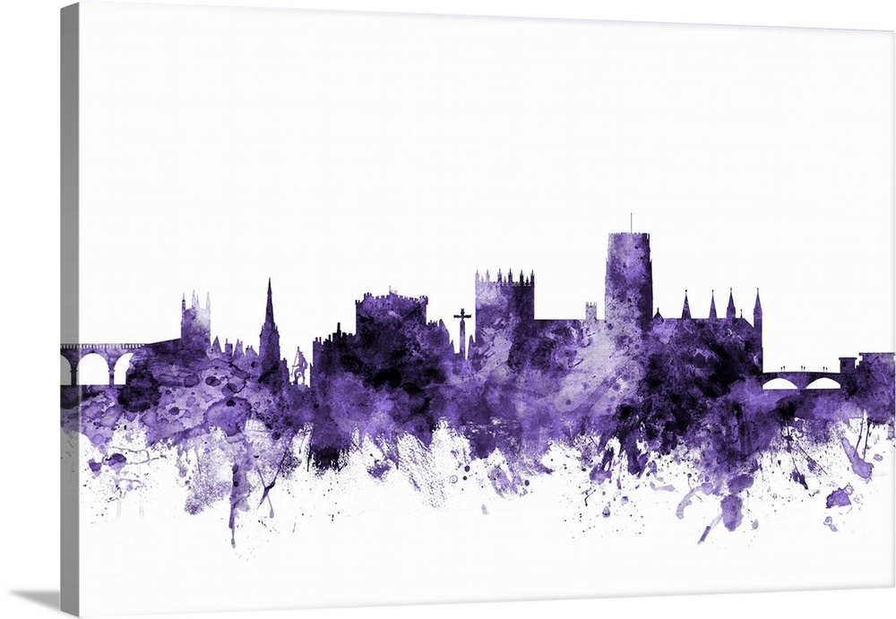 Watercolor art print of the skyline of Durham, England