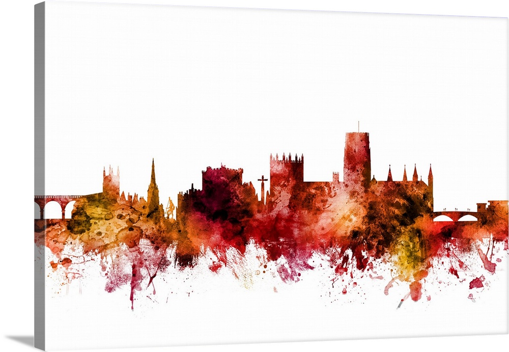 Watercolor art print of the skyline of Durham, England.