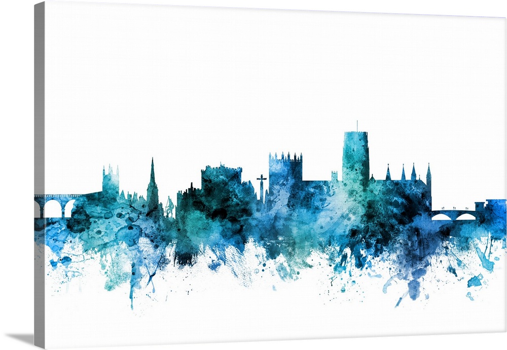 Watercolor art print of the skyline of Durham, England.