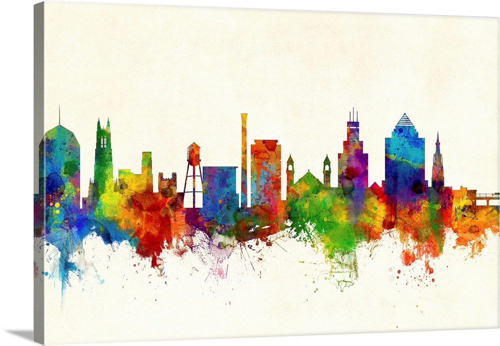 Watercolor art print of the skyline of Durham, North Carolina, United States