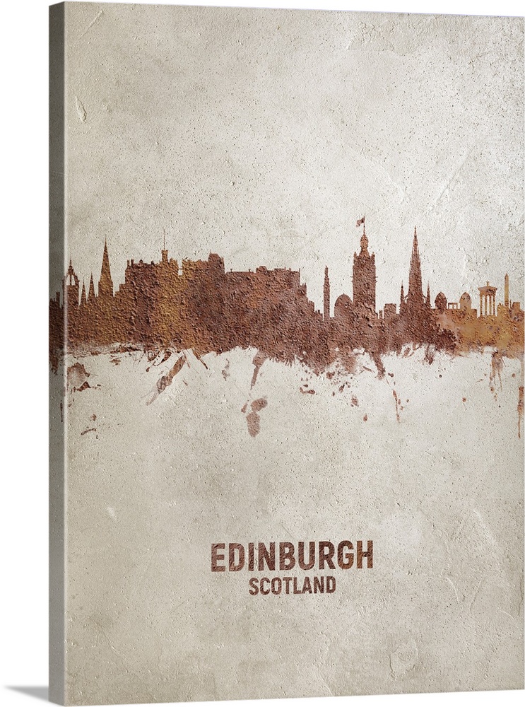 Art print of the skyline of Edinburgh, Scotland, United Kingdom. Rust on concrete.