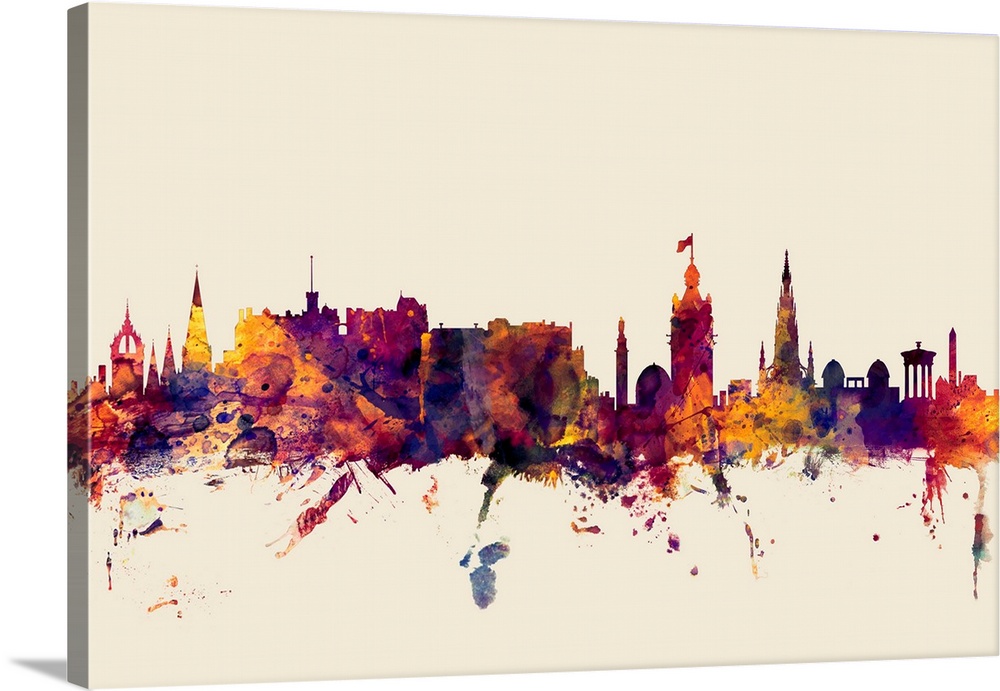 Contemporary artwork of the Edinburgh city skyline in watercolor paint splashes.