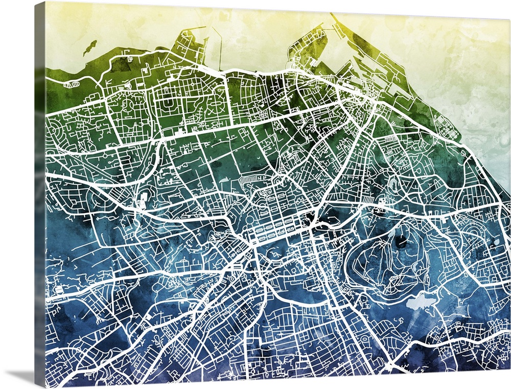 Contemporary watercolor city street map of Edinburgh.