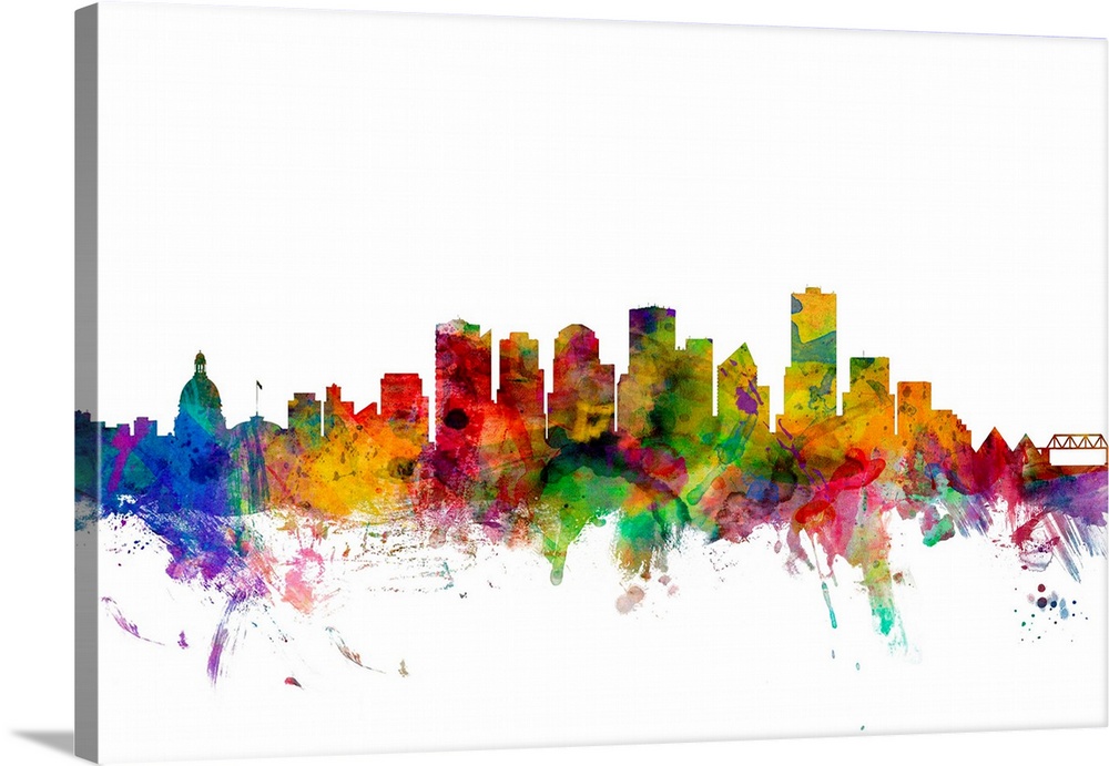 Watercolor artwork of the Edmonton skyline against a white background.