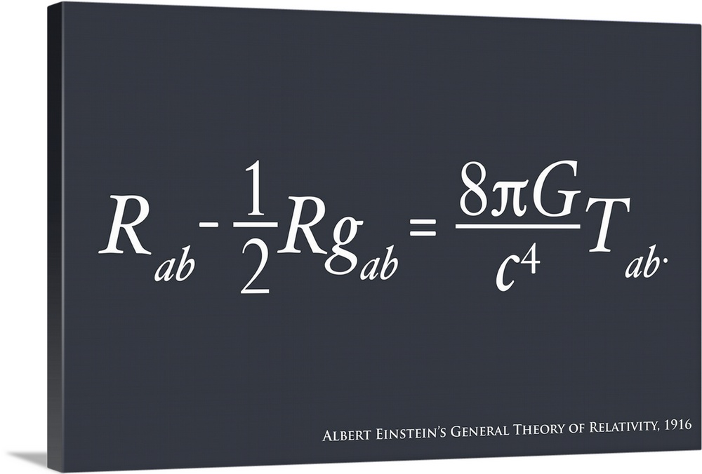 Albert Einstein's equation for the General Theory of Relativity, on a slate grey background. General relativity generalise...