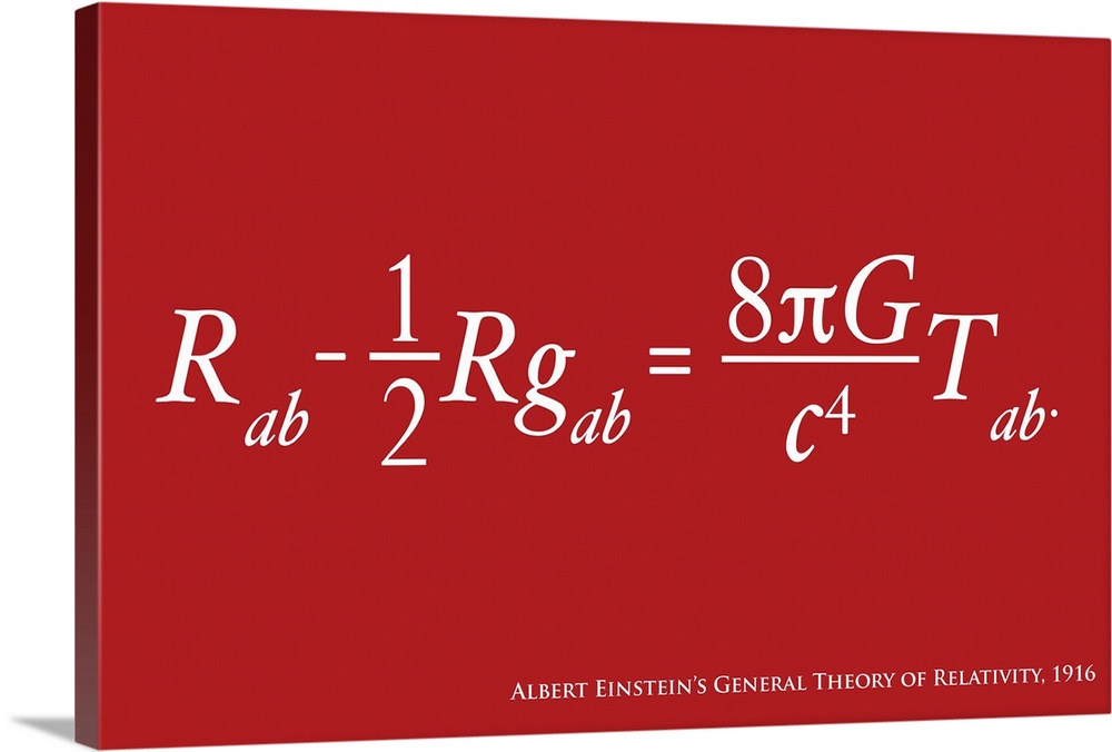 Albert Einstein's equation for the General Theory of Relativity, on a red background. General relativity generalises speci...
