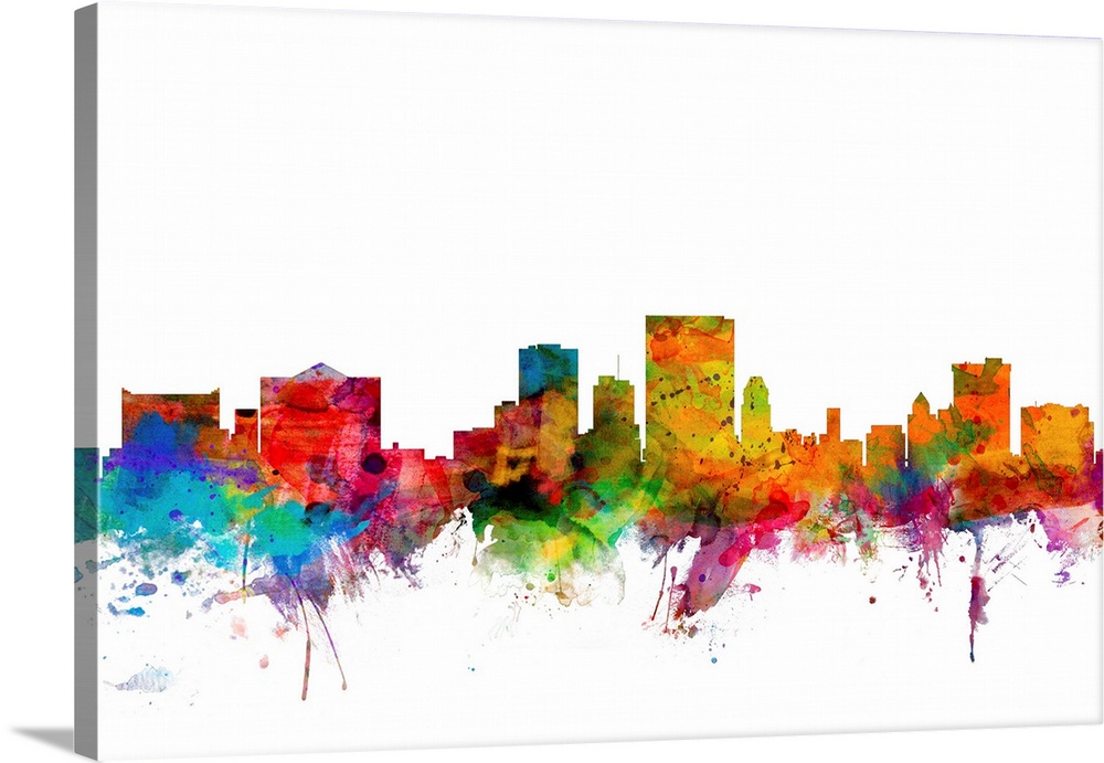 Watercolor artwork of the El Paso skyline against a white background.