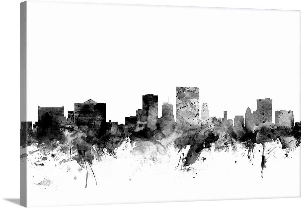 Contemporary artwork of the El Paso city skyline in black watercolor paint splashes.