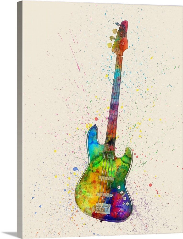 Contemporary artwork of an electric bass guitar with bright colorful watercolor paint splatter all over it.