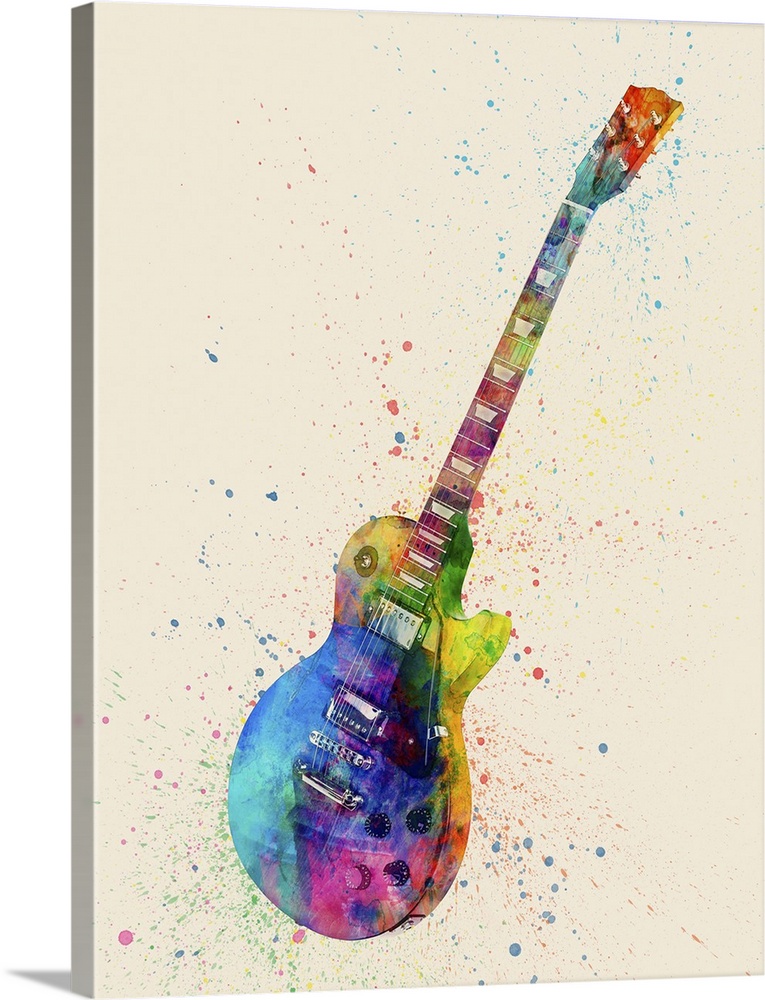 Contemporary artwork of an electric guitar with bright colorful watercolor paint splatter all over it.