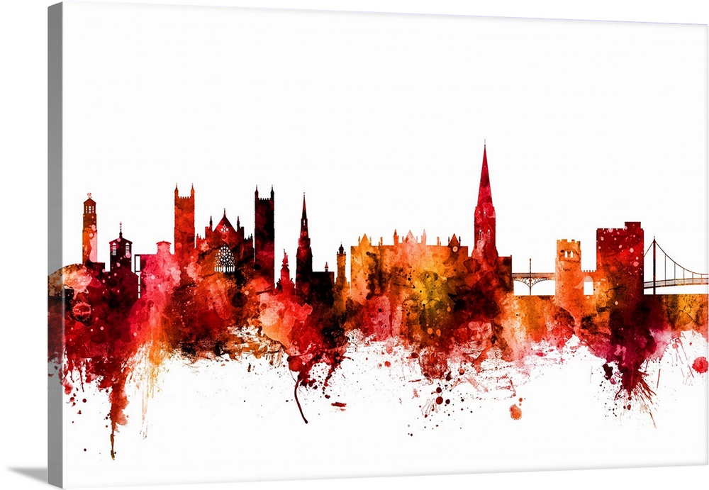 Watercolor art print of the skyline of Exeter, England, United Kingdom.