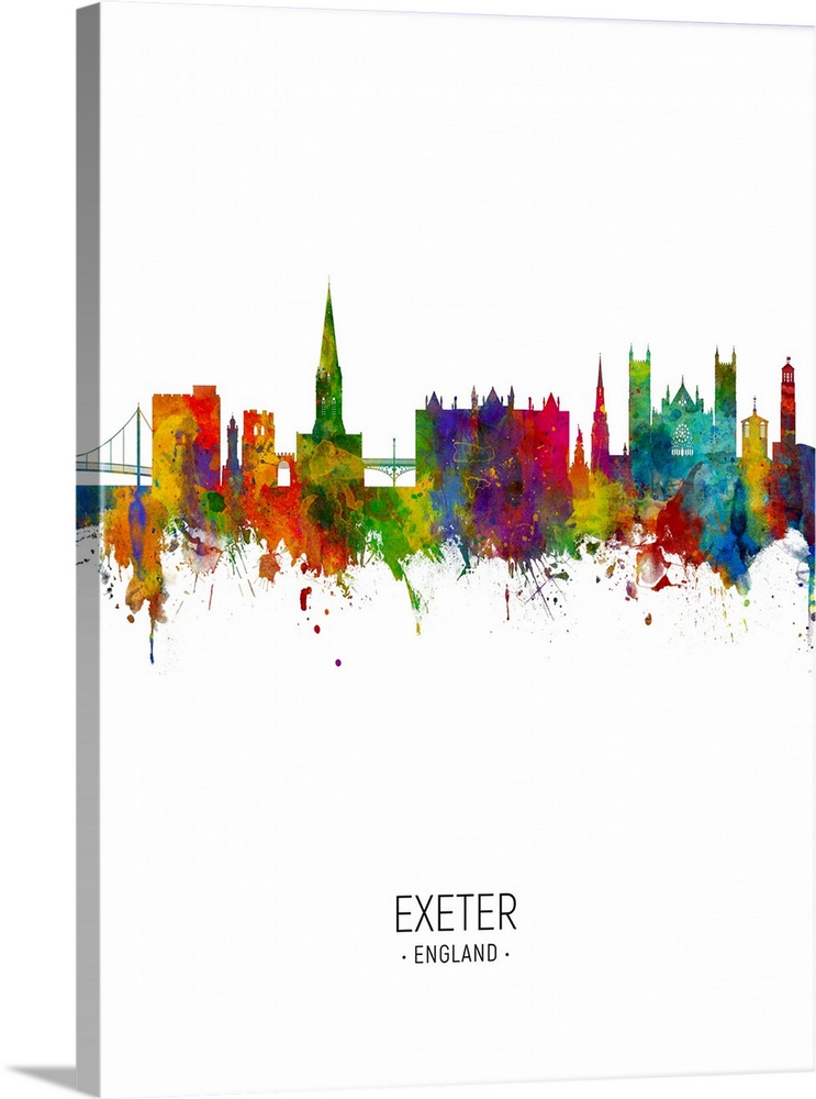 Watercolor art print of the skyline of Exeter, England, United Kingdom
