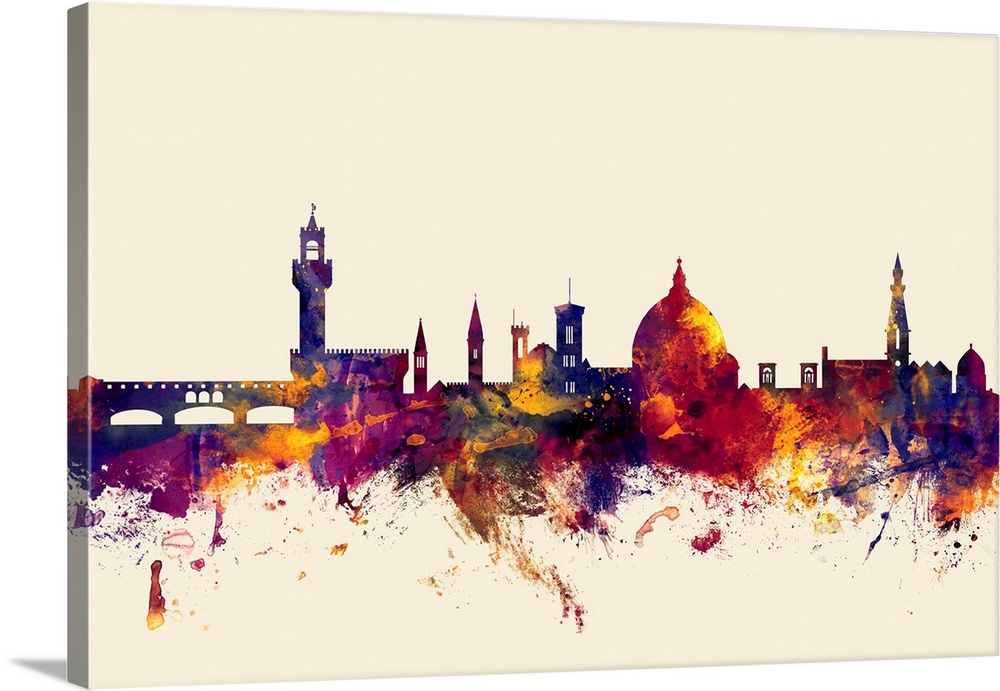 Contemporary artwork of the Florence city skyline in watercolor paint splashes.
