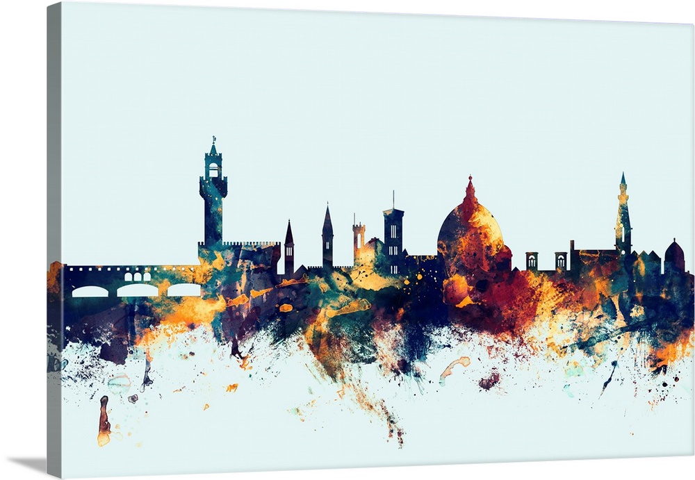 Dark watercolor silhouette of the Florence city skyline against a light blue background.