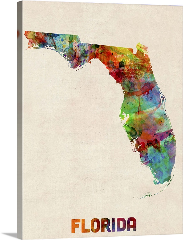Contemporary piece of artwork of a map of Florida made up of watercolor splashes.