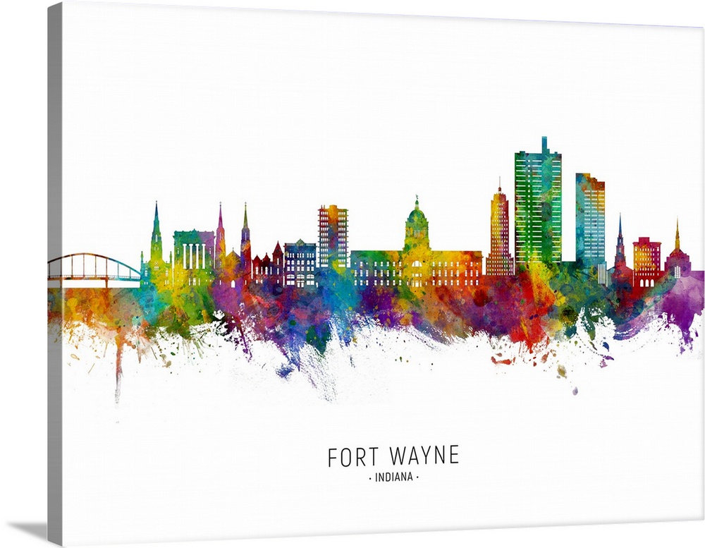 Watercolor art print of the skyline of Fort Wayne, Indiana