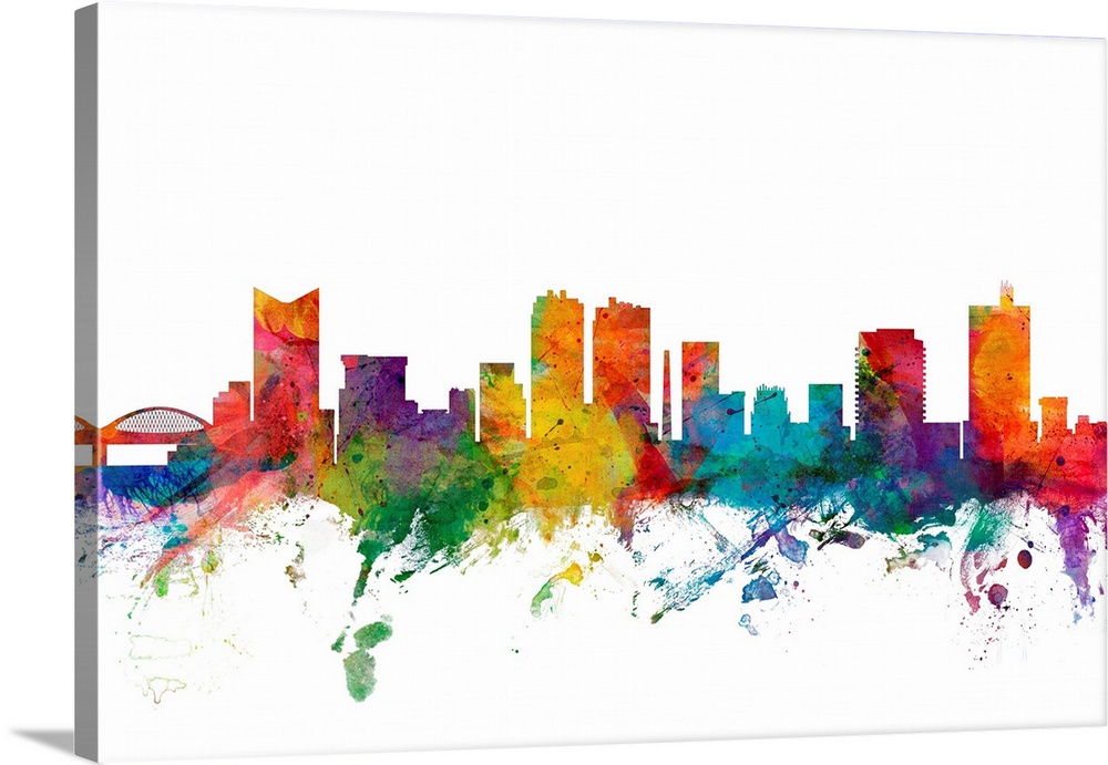 Watercolor artwork of the Fort Worth skyline against a white background.