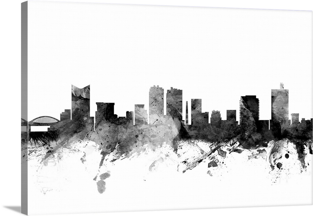 Contemporary artwork of the Fort Worth city skyline in black watercolor paint splashes.