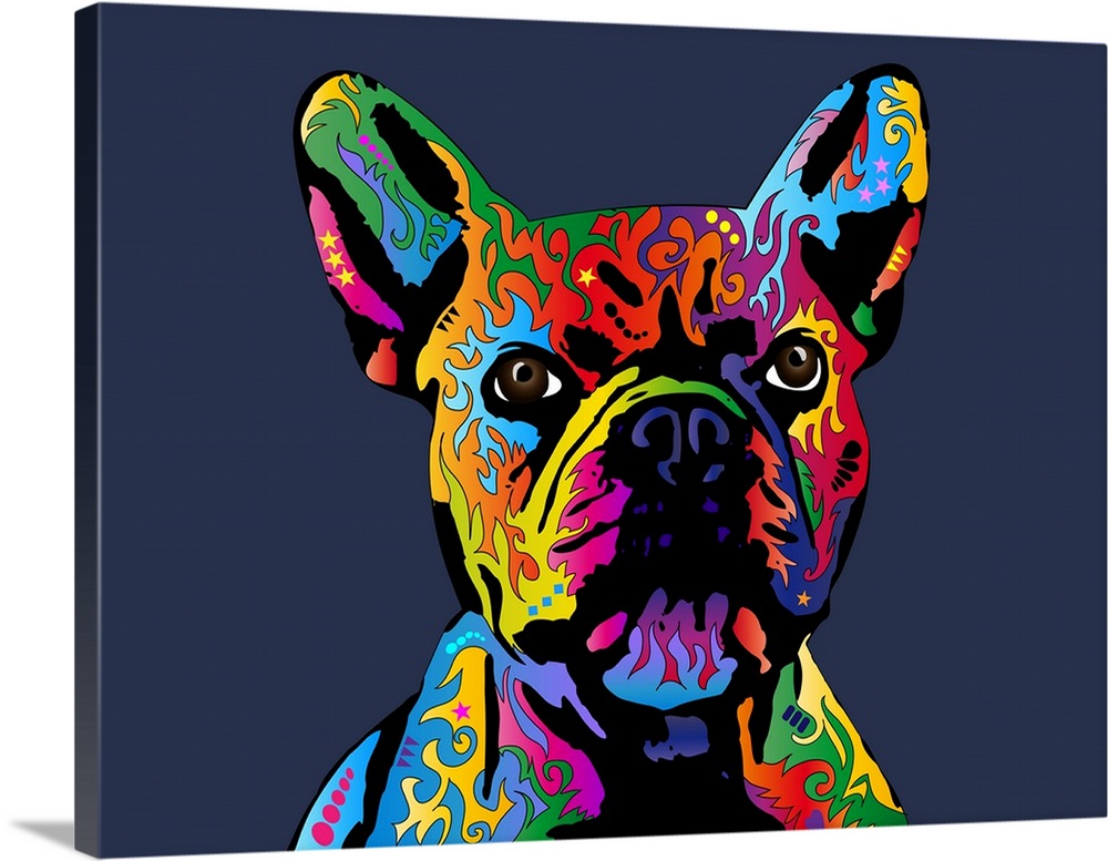 Contemporary artwork of a French Bulldog made up of a spectrum of bright colors.