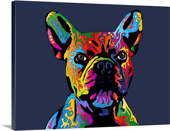 Tableau Toile Bulldog Français Abstrait - Couleurs Vives - Déco Murale Prête à Accrocher