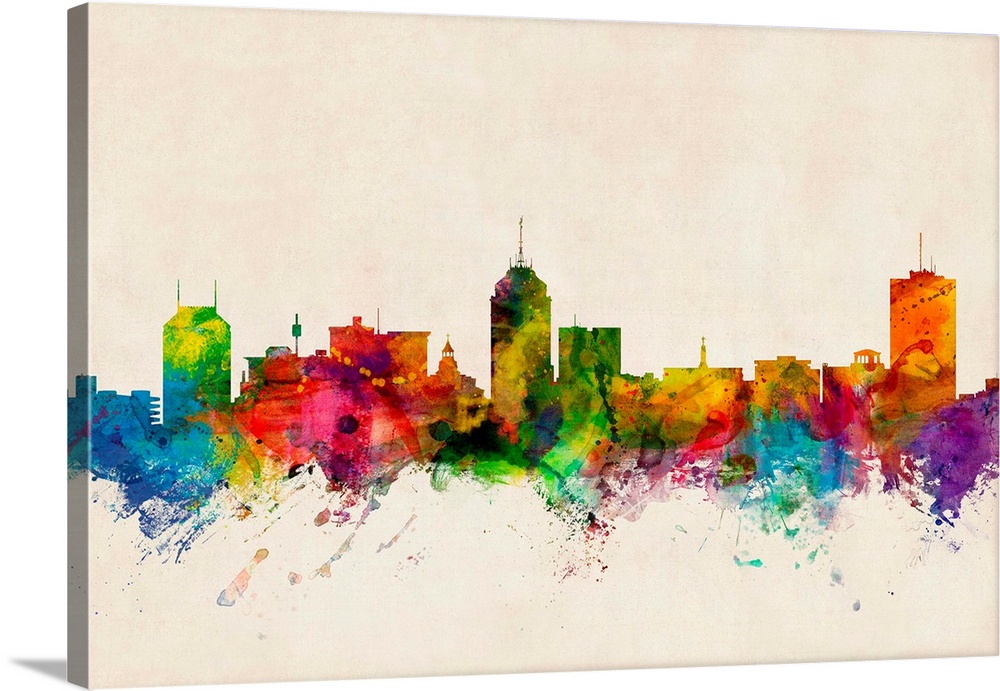 Contemporary piece of artwork of the Fresno skyline made of colorful paint splashes.